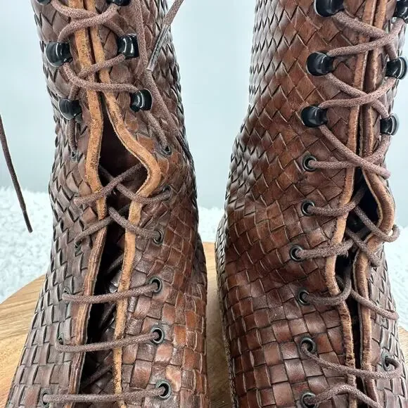 J. Peterman Boots Womens 7.5 Brown Leather Weaved Granny Victorian Academia - Picture 5 of 16